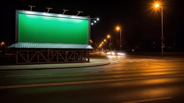 Green Screen Billboard at Night in City with Empty Ad Space. Urban Digital Marketing Mockup for Advertising Content.