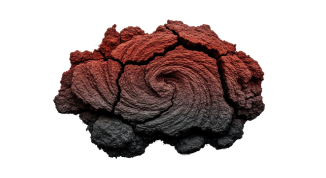 Extreme close-up of a gritty, abstract cracked concrete and volcanic ash texture in rust-red and charcoal, isolated on transparent, diffused studio light, concept of industrial decay and desolation
