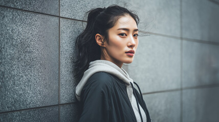 女性がポニーテールで壁に寄る横顔