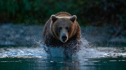 Obraz premium オーロラの下で月夜の川でサケを捕らえるヒグマ