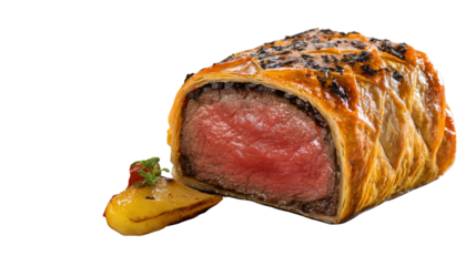High-end plating of beef Wellington with a red wine reduction and roasted vegetables, isolated on a Transparent background, PNG file.