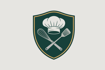 A culinary emblem featuring a chef's hat whisk and spatula on a shield with a green and gold border