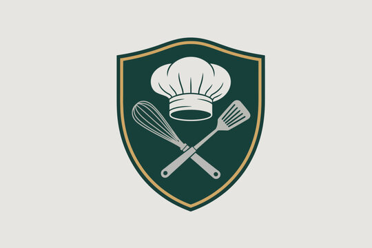 A culinary emblem featuring a chef's hat whisk and spatula on a shield with a green and gold border