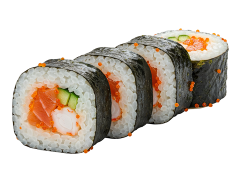 Delicious salmon and shrimp sushi rolls with fresh vegetables isolated on a black background transparent background