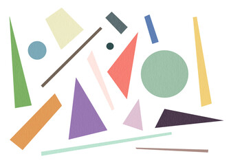 Colorful paper geometric shapes set isolated. Abstraction art modern details texture transparent. Suprematism style.