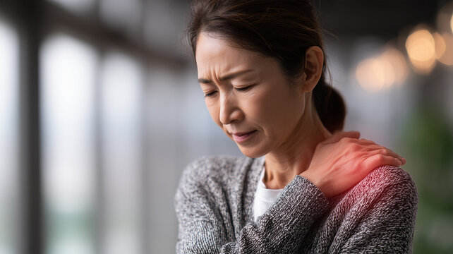 女性が肩の痛みを抑えて顔をしかめる