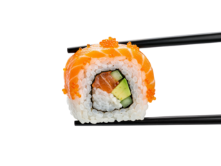 Delicious salmon sushi roll held by chopsticks ready to eat japanese cuisine food photography transparent background