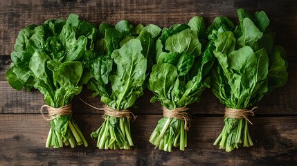 Four bunches of fresh green arugula tied with twine are arranged on a rustic wooden surface, creating a visually appealing display of healthy leafy vegetables.