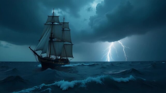 A sailboat struggles through rough seas in a turbulent ocean, ideal for weather or adventure themes
