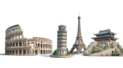 Iconic Landmarks: Famous landmarks like the Colosseum, Eiffel Tower, and Great Wall of China, isolated on a Transparent background, PNG file.