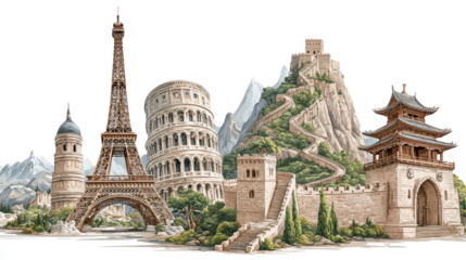 Iconic Landmarks: Famous landmarks like the Eiffel Tower and Great Wall of China, isolated on a Transparent background, PNG file.