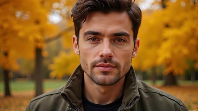 Intimate portrait of a handsome 25 year old man, direct gaze, isolated against a vibrant autumn backdrop, capturing genuine emotion and connection