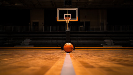 薄暗い体育館中央のゴールとバスケットボール