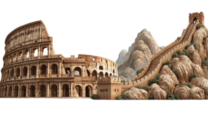 Iconic Landmarks: Iconic landmarks such as the Colosseum and Great Wall of China in stunning detail, isolated on a Transparent background, PNG file.