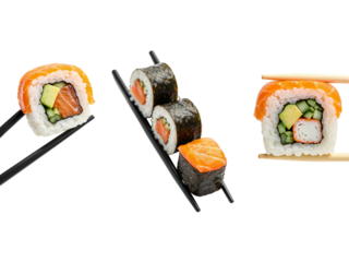 Delicious assortment of fresh sushi rolls with salmon avocado and shrimp captured in studio lighting transparent background