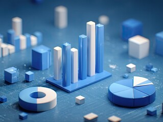 Blue and white data visualization. Charts, graphs, cubes, and donuts on a grid