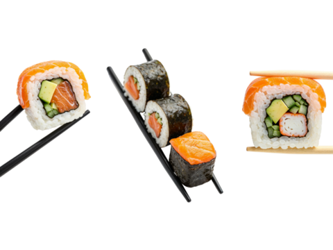 Delicious assortment of fresh sushi rolls with salmon avocado and shrimp captured in studio lighting transparent background