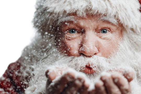 Smiling Santa with Glittering Snowflakes Isolated on White Background