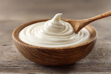 Creamy white dip in wooden bowl wooden spoon swirls texture