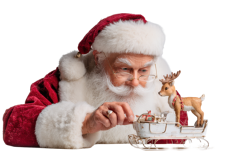 Jolly Santa Holding Small Christmas Sledge Isolated on White Background