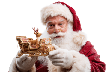 Jolly Santa Holding Small Christmas Sledge Isolated on White Background