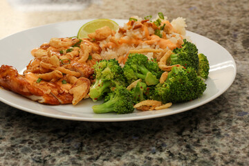 Closeup of Prepared Dish with Broccoli, Rice, and Marinated Sliced Chicken Cutlets