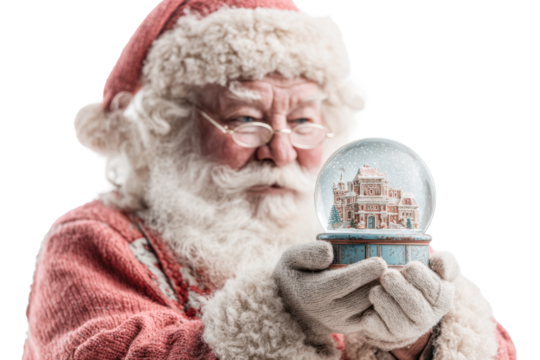 Festive Christmas Snow Globe with Santa Isolated on White Background