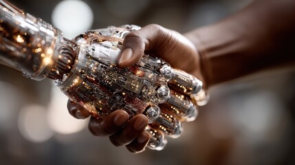 African American man shakes hands with a robotic hand in a futuristic technology setting