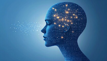 A I Head Silhouette Formed by Binary Code with Glowing Lights and Particle Stream on Blue Background
