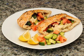 Pita Bread Stuffed with Fresh Vegetables and Hummus