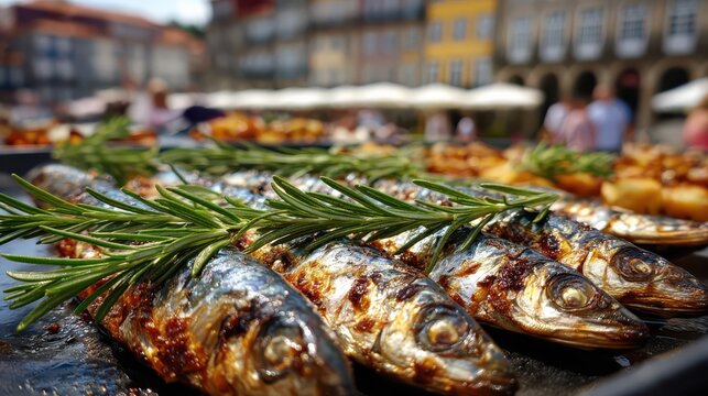 Grilled fish garnished with fresh herbs on a vibrant outdoor market table setting
