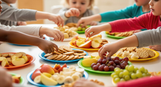 Diverse Group of Young Children Enjoying Healthy Snacks Like Apples Bananas and Crackers at a White Table During Lunchtime in Bright Classroom