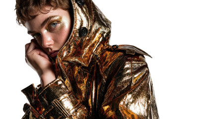 High fashion photography featuring a model in a bold, metallic trench coat, isolated on a Transparent background, PNG file.