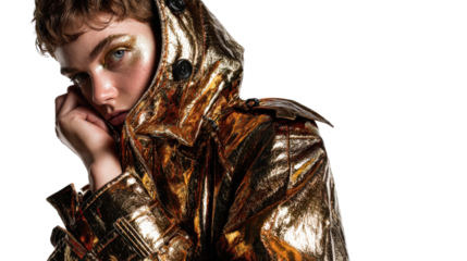 High fashion photography featuring a model in a bold, metallic trench coat, isolated on a Transparent background, PNG file.