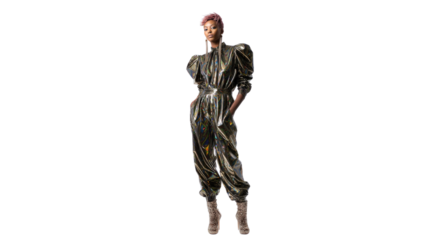 High fashion photography featuring a model in a metallic jumpsuit with a strong geometric silhouette, isolated on a Transparent background, PNG file.