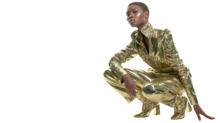 High fashion photography featuring a model in a metallic jumpsuit with a strong geometric silhouette, isolated on a Transparent background, PNG file.