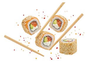 Delicious sushi rolls arranged artfully with chopsticks for a japanese culinary experience transparent background