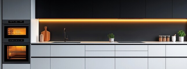 Modern Kitchen Interior Featuring Built In Ovens Under Cabinet Lighting and Contemporary Minimalist Design