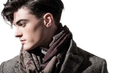 High fashion photography of a model in a tailored coat with a luxurious scarf, isolated on a Transparent background, PNG file.
