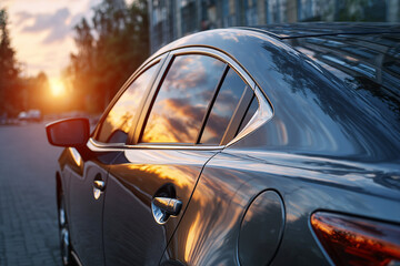 Dark gray car parked at sunset reflecting beautiful sky colors