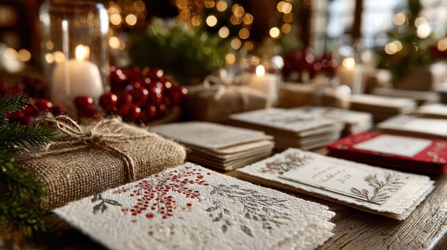 Festive holiday greeting cards arranged on a rustic wooden table with decorative elements and warm ambiance