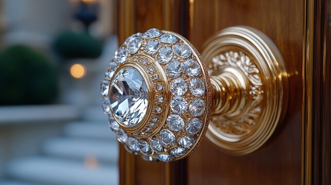 Intricately designed crystal knob shines brightly, enhancing the beauty of a grand entrance in an upscale residence