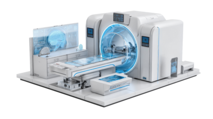 Innovative medical imaging system with 3D rendering, isolated on a Transparent background, PNG file.