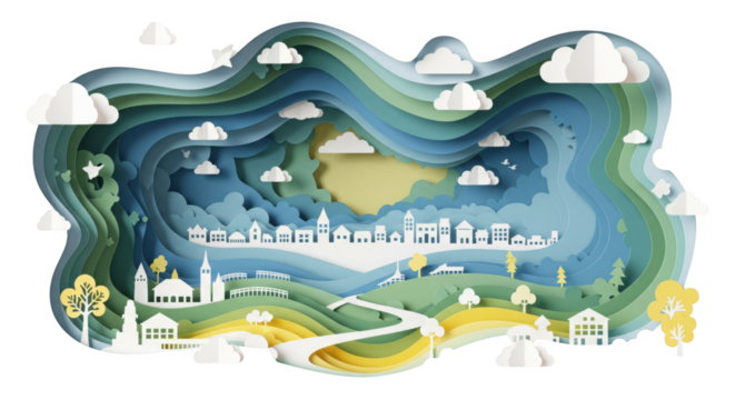 Stylized layered paper artwork of a charming town nestled within nature