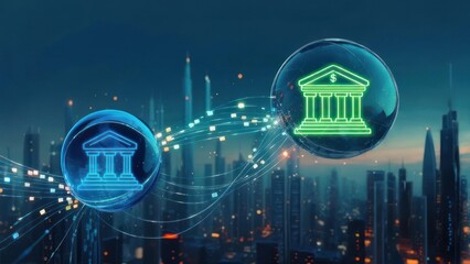 Futuristic city with interconnected financial bubbles