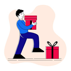 Flat Line Man Carrying Gift Box Climbing Up the Stairs Illustration
