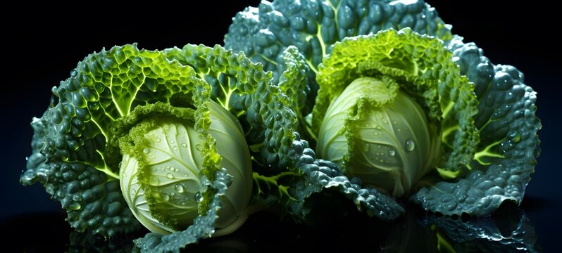 The black background contrasts sharply with the bright blue diamonds light emitted by cabbage broccoli,generative AI