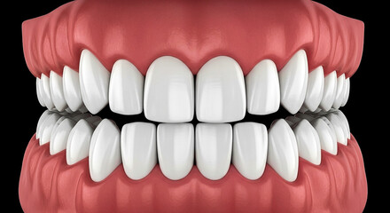 Obraz premium This image displays a detailed view of a full set of white healthy human teeth The gums appear pink and healthy highlighting the importance of good dental hygiene and care for a bright smile