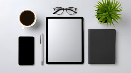 A neatly organized office desk with digital devices and accessories. long_title:A minimalist office desk setup featuring a digital tablet, coffee