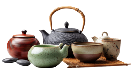 Japanese Tea Ceremonies: Serene Japanese tea ceremonies with traditional teapots and peaceful ambiance, isolated on a Transparent background, PNG file.